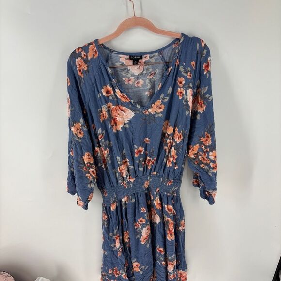 Torrid blue Sundress with peach flowers V-Neck and half Sleeves women’s 3 - Picture 1 of 7